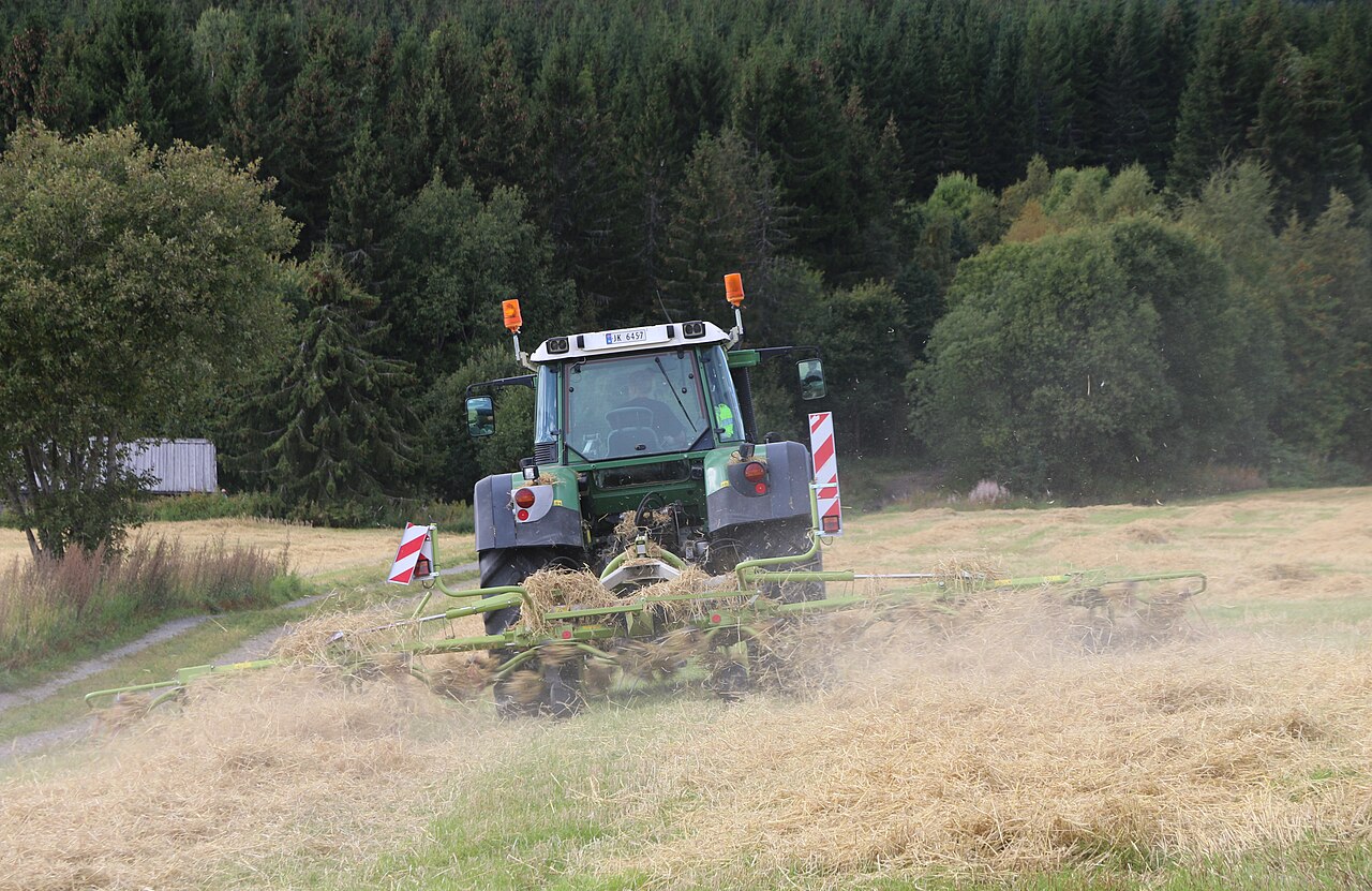 Traktor med grasvender i en norsk eng