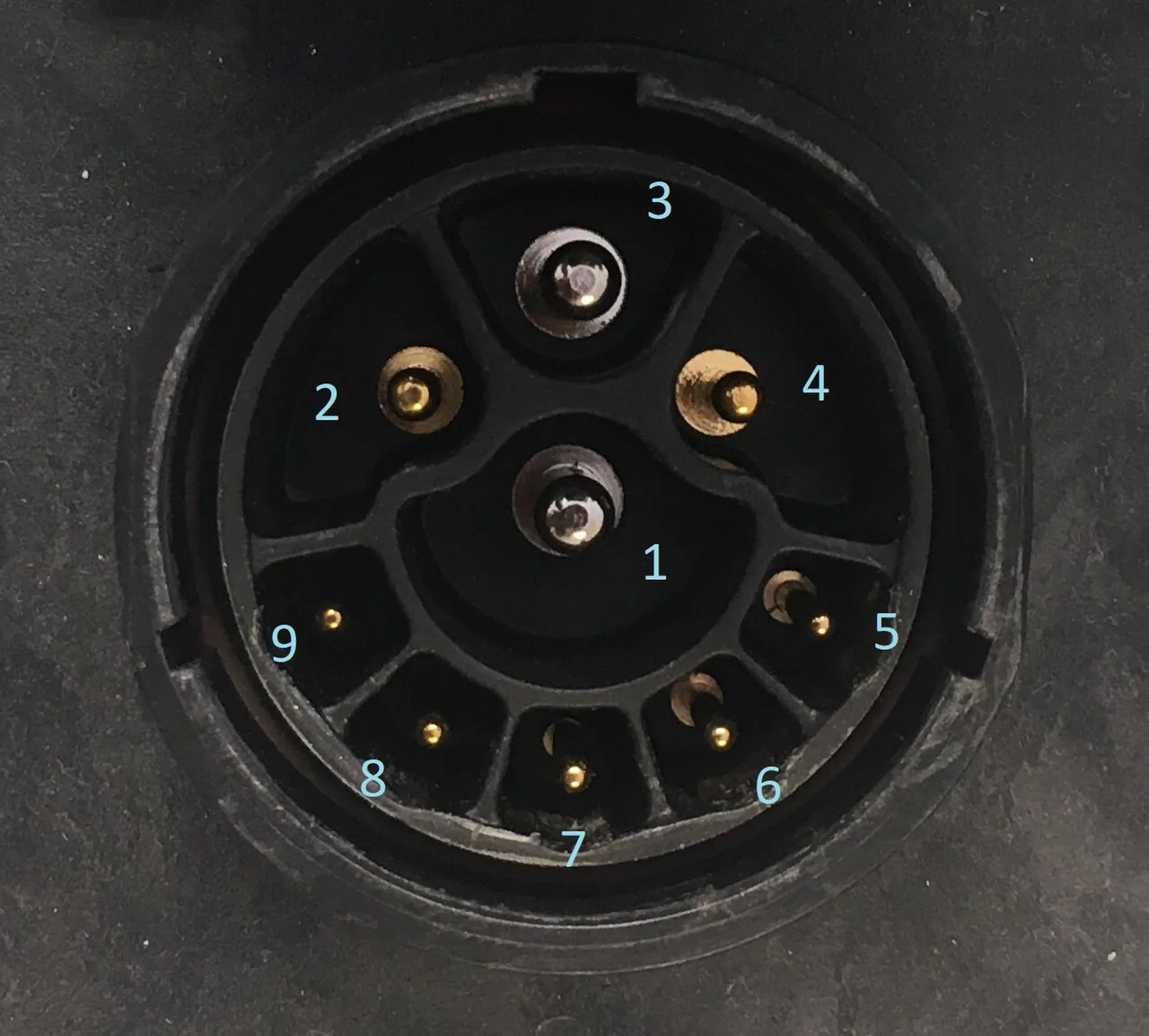 Nærbilde av en ISOBUS-kontakt på en traktor med ni nummererte kontaktpunkter
